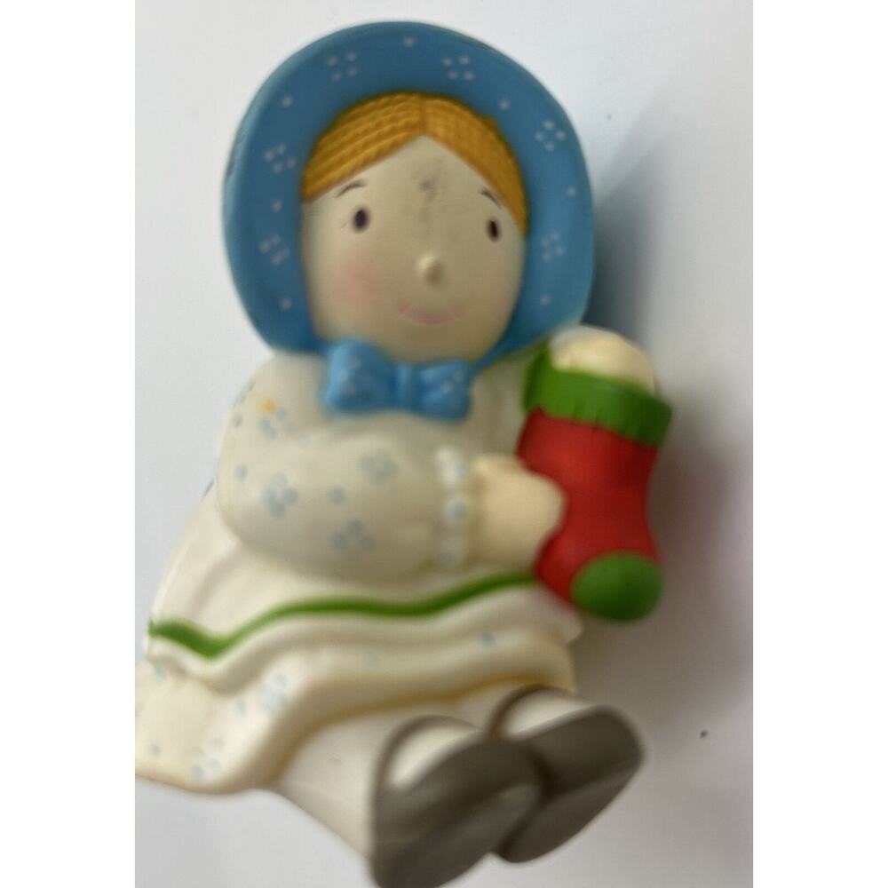 1981 Holly Hobbie Christmas Ornament ceramic doll figure with stocking Vintage